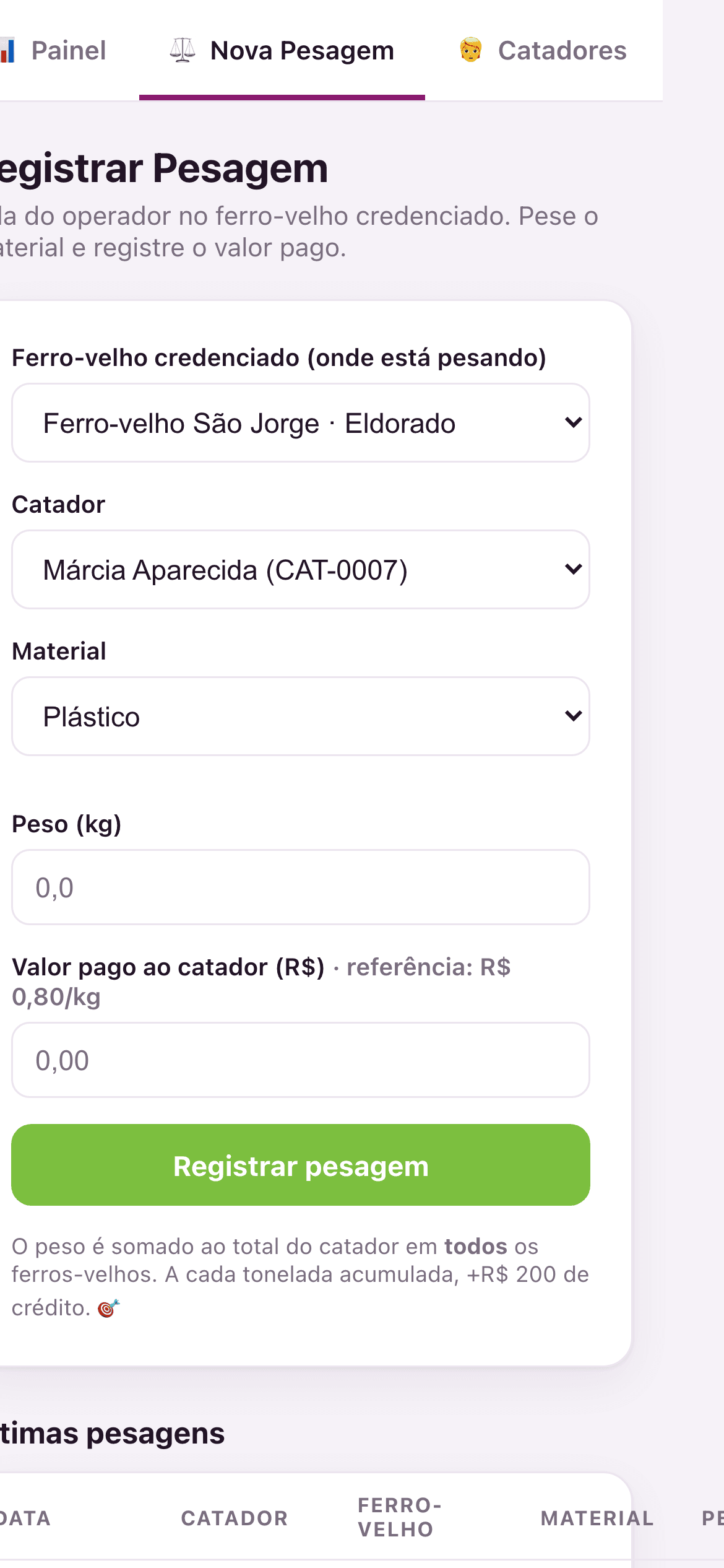 Tela de pesagem do operador